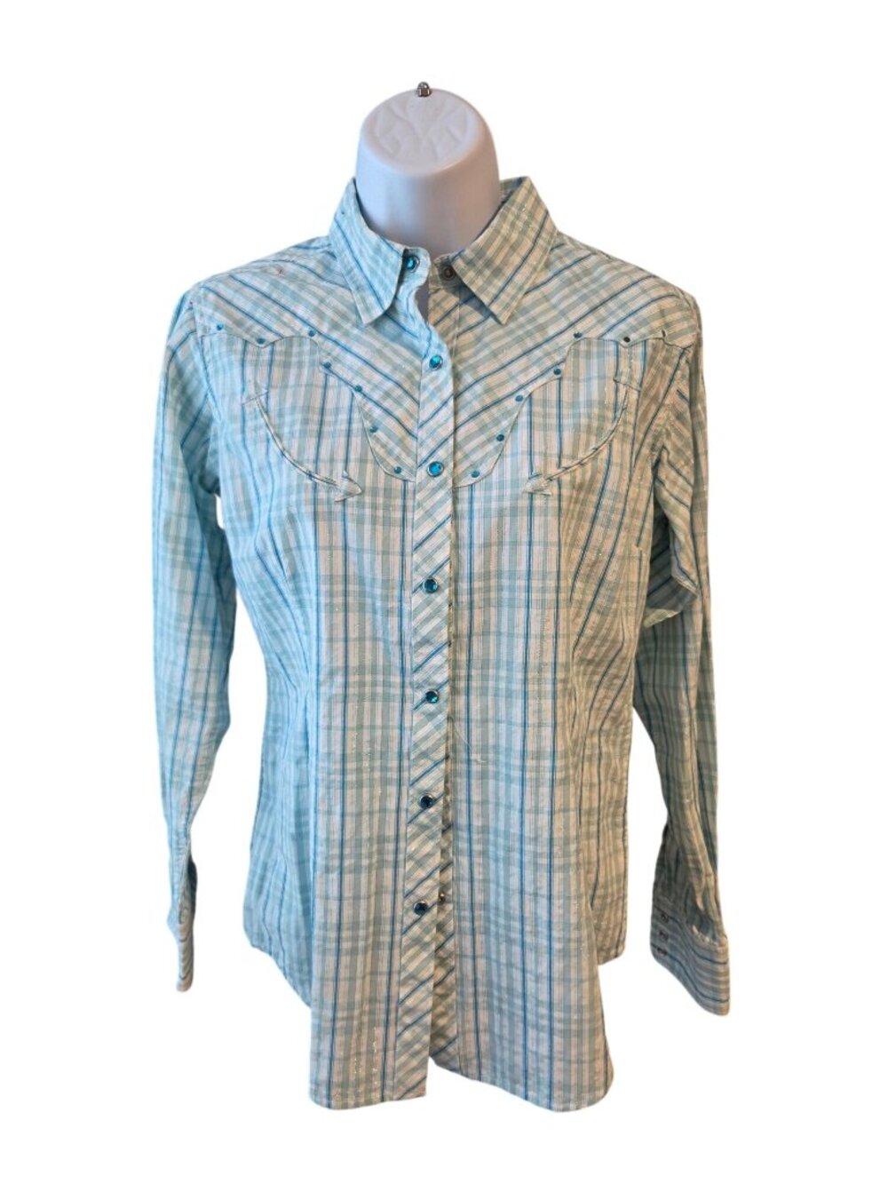 Roper Womens S Blue Silver Floral Pearl Snap Western Shirt Rodeo Cowgirl Y2K